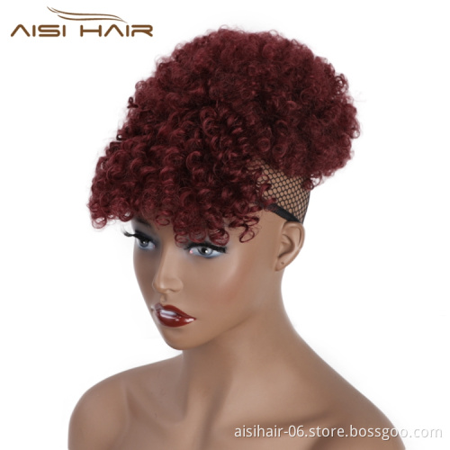 Aisi Hair Cheap Price Afro Puff Heat Resistant Fiber Chignon Bun Vendors Short Afro Curly Updo Hair Synthetic Bun With Fringe